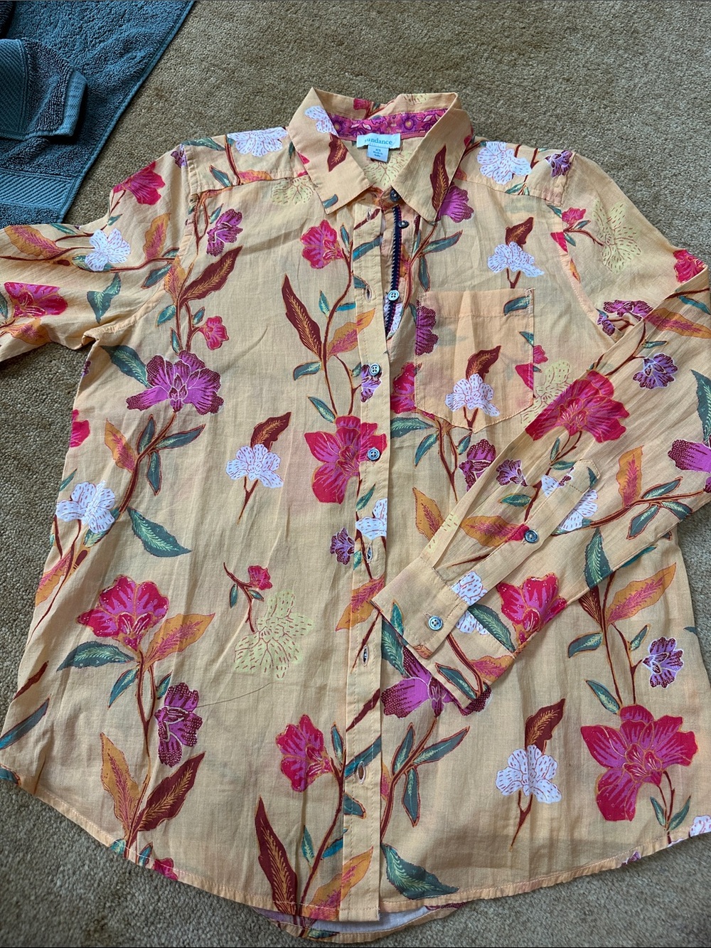 Sundance Peach Button-Up with Pink/purple/white/brown/green/red Floral print